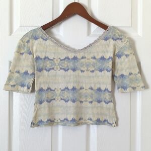 Freshman Retro Tie Dye Pointelle Knit Short Sleeve V-neck Crop Top Yellow Blue S